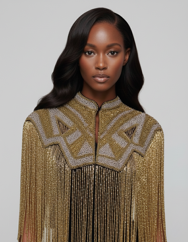 Golden L'Jai Amor Golden Line Cape draped over shoulders, showcasing luxurious fabric and elegant design.