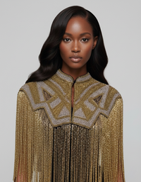 Golden L'Jai Amor Golden Line Cape draped over shoulders, showcasing luxurious fabric and elegant design.