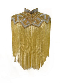 L'Jai Amor Golden Line Cape displayed on a mannequin, showcasing its luxurious fabric and elegant golden accents.