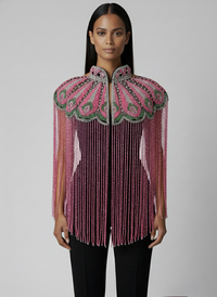 L'Jai Amor Ivy Rose Cape featuring delicate rose embroidery and flowing fabric for elegant, stylish wear.