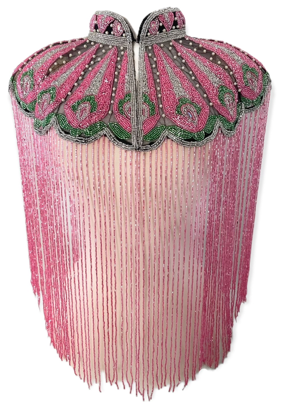 L'Jai Amor Ivy Rose Cape, elegant floral lace cape with intricate embroidery and flowing design, shown in a detailed close-up.