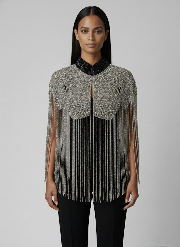 L'Jai Amor Liquid Steel Cape featuring sleek metallic fabric with a flowing, dramatic design for stylish wear