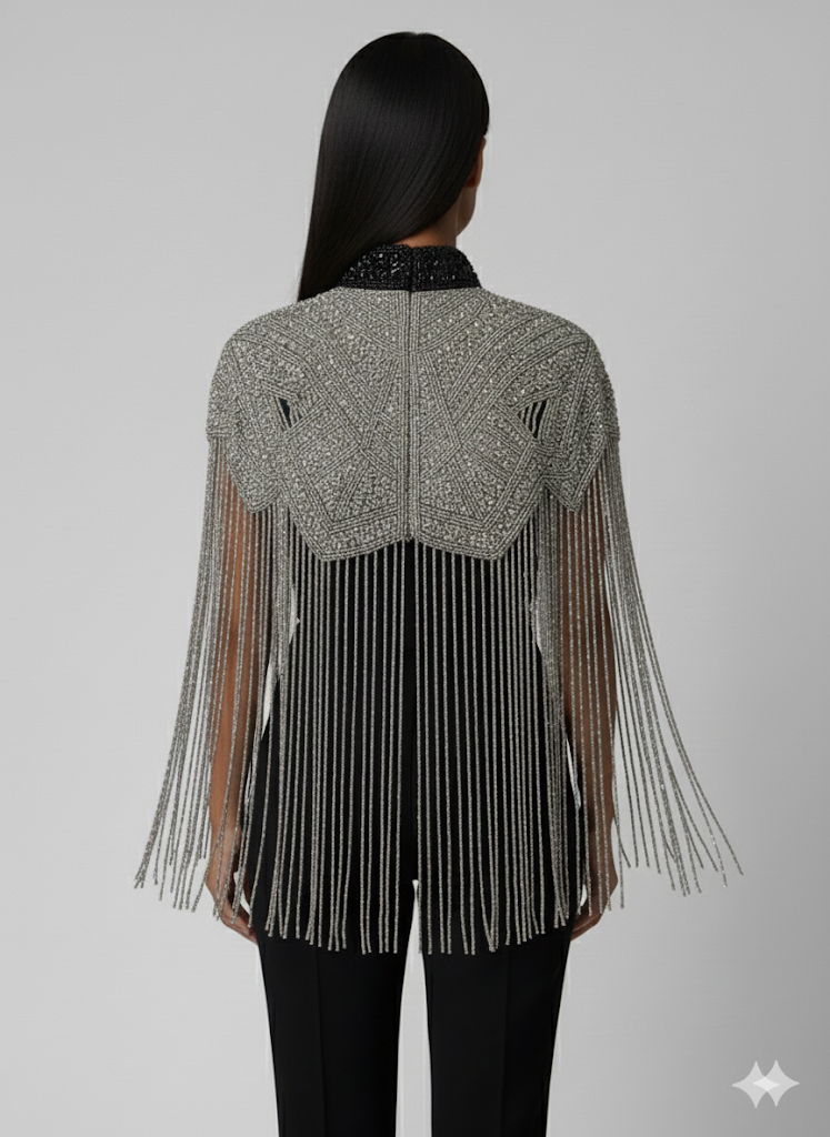 L'Jai Amor Liquid Steel Cape displayed on a mannequin, showcasing its sleek, metallic design and flowing fabric.