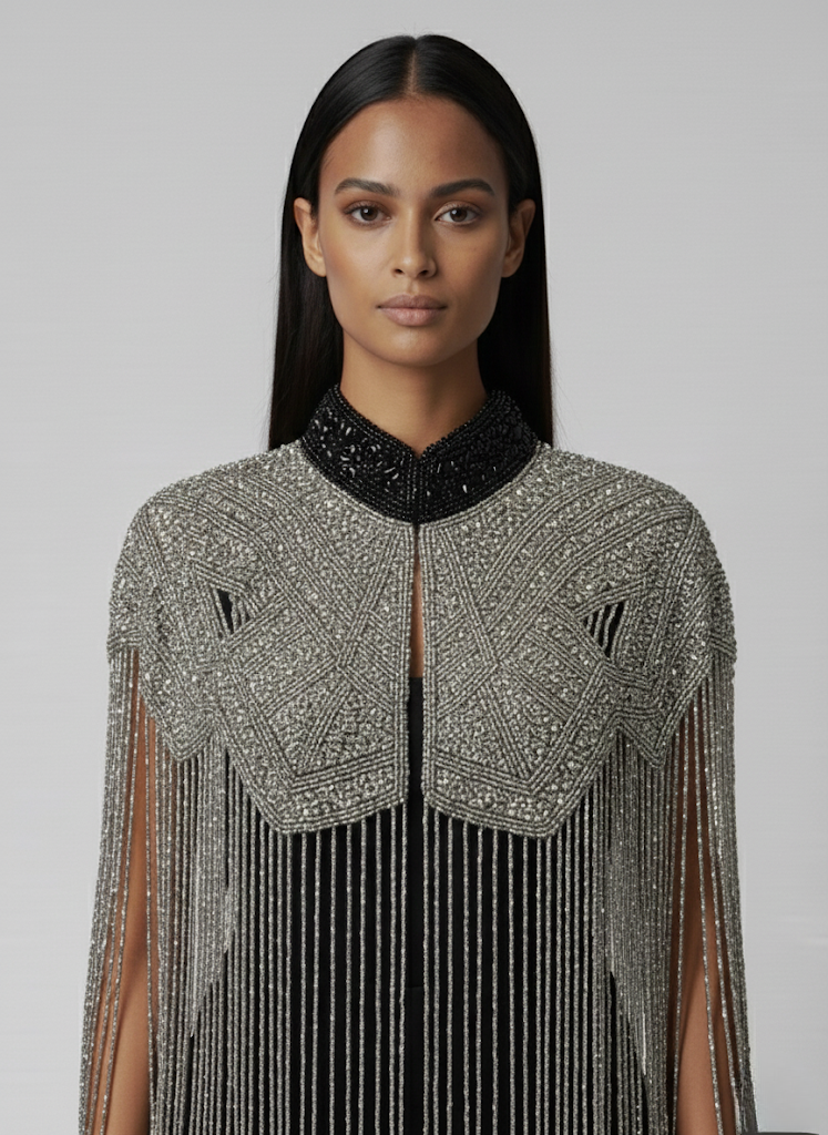 Liquid Steel Cape by L'Jai Amor, a shiny metallic cape with a sleek, reflective surface and elegant draping, displayed on a mannequin.