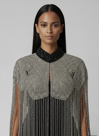 Liquid Steel Cape by L'Jai Amor, a shiny metallic cape with a sleek, reflective surface and elegant draping, displayed on a mannequin.