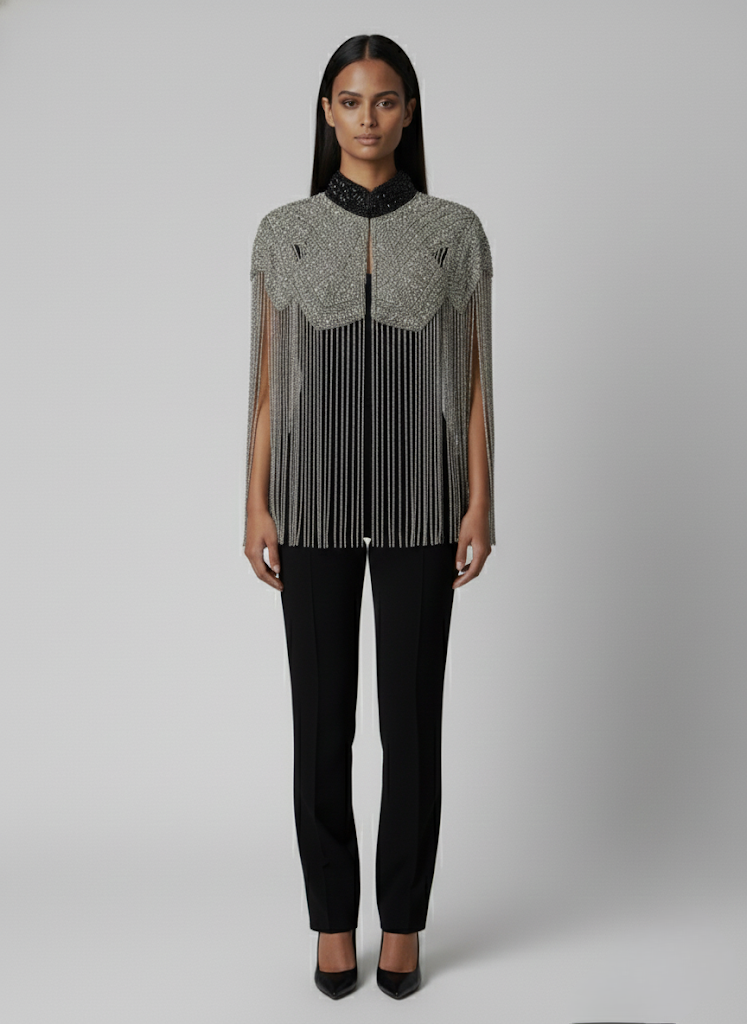 L'Jai Amor Liquid Steel Cape draped over a mannequin, showcasing its sleek, metallic finish and stylish design.