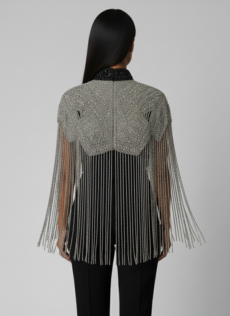 L'Jai Amor Liquid Steel Cape shown draped, featuring a sleek, metallic design perfect for stylish wear or costume accessories.
