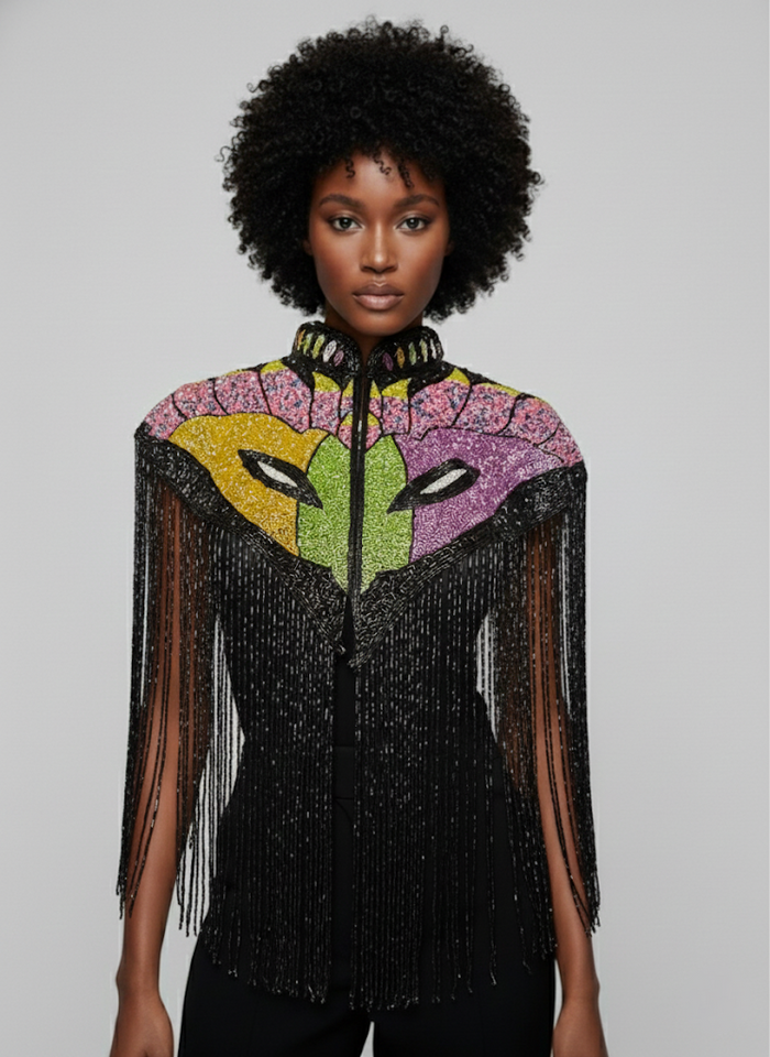 L'Jai Amor Masquerade Royale Cape in rich fabric with ornate gold accents, designed for elegant costume or masquerade attire.