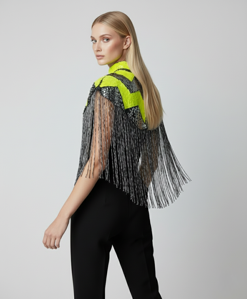 L'Jai Amor Pulse Sequin Cape with vibrant pink and purple sequins, flowing fabric, and stylish design for elegant occasions
