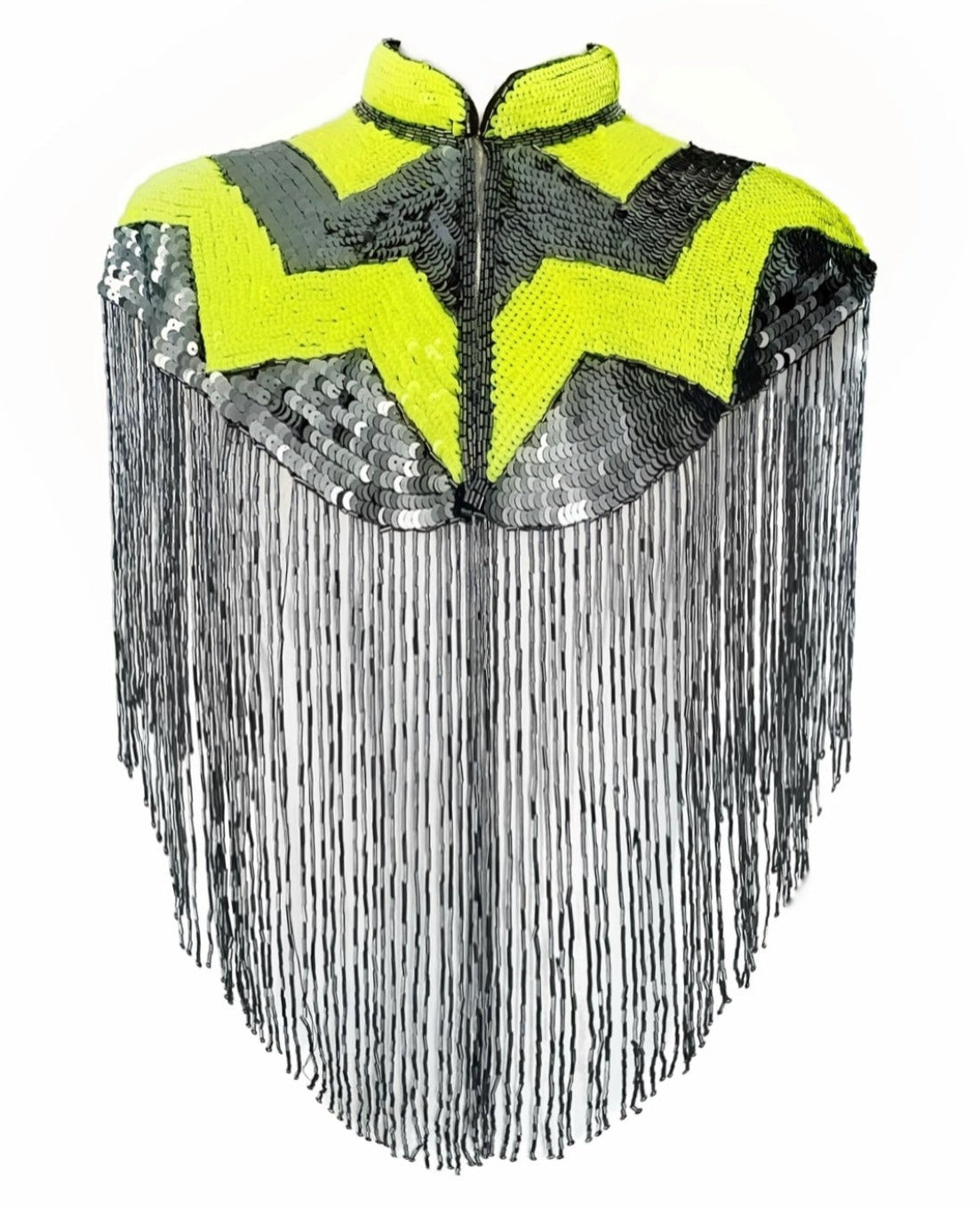 L'Jai Amor Pulse Sequin Cape draped over a mannequin, showcasing shimmering sequins and elegant design for stylish wear.