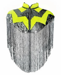 L'Jai Amor Pulse Sequin Cape draped over a mannequin, showcasing shimmering sequins and elegant design for stylish wear.