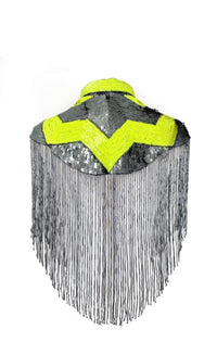 L'Jai Amor pulse sequin cape with vibrant, shimmering sequins and flowing design, perfect for stylish evening wear.