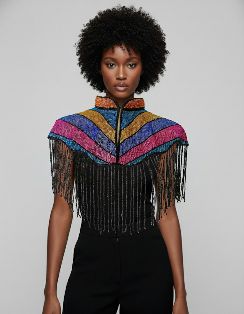 L'Jai Amor Solidarity Cape draped over shoulders, vibrant fabric with intricate patterns, cultural and stylish accessory.