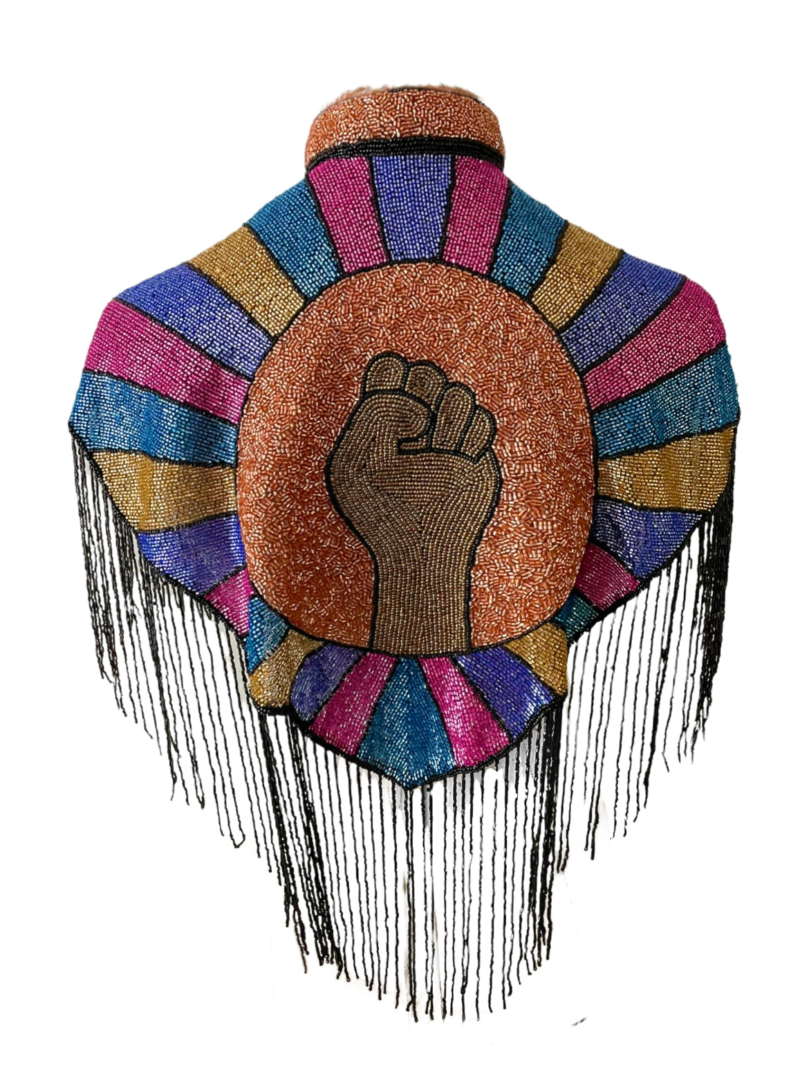 L'Jai Amor Solidarity Cape draped over shoulders, flowing fabric with intricate detailing, ready for ceremonial or cultural wear.