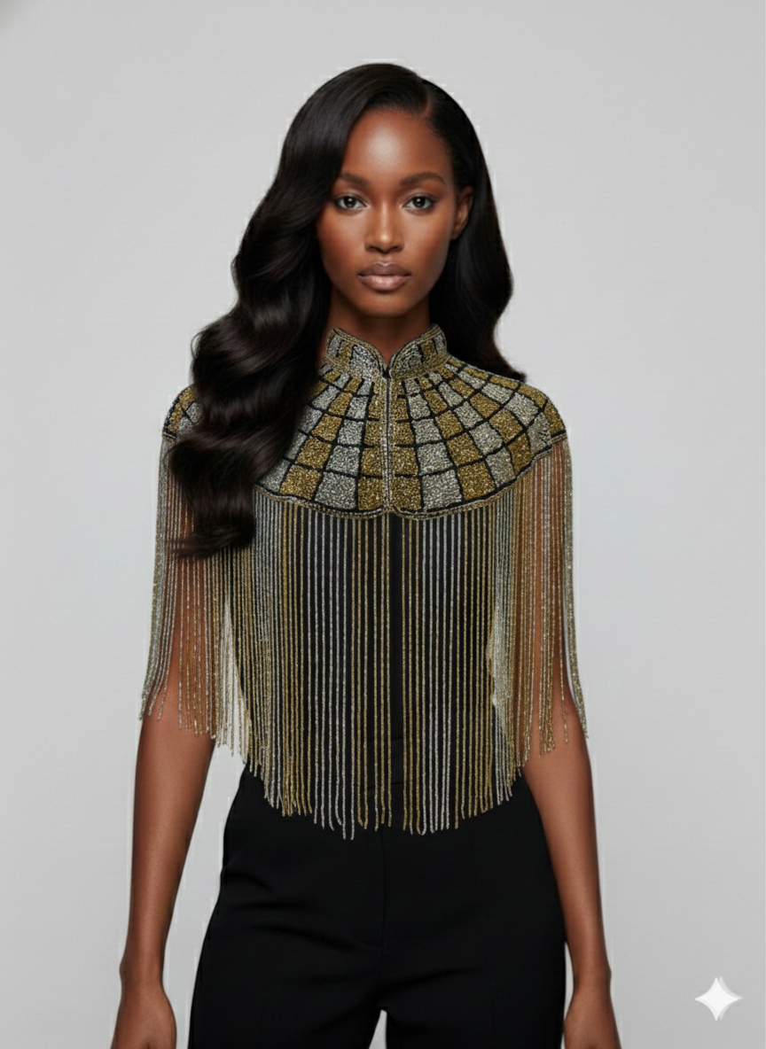 L'Jai Amor The Gilded Mosaic Cape featuring intricate gold and mosaic patterns on elegant fabric.