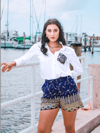 La' Agra Prism Shorts, stylish casual bottoms with a vibrant pattern, shown in a relaxed fit on a model.