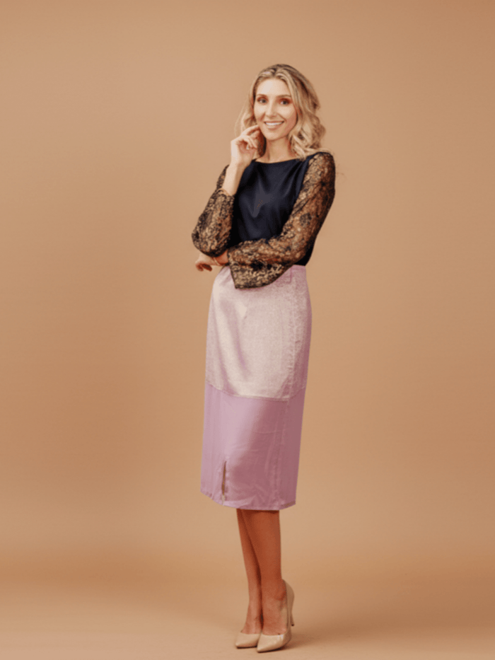 Purple La' Agra The Calia Skirt, stylish bottoms with a flattering fit, shown on a model.