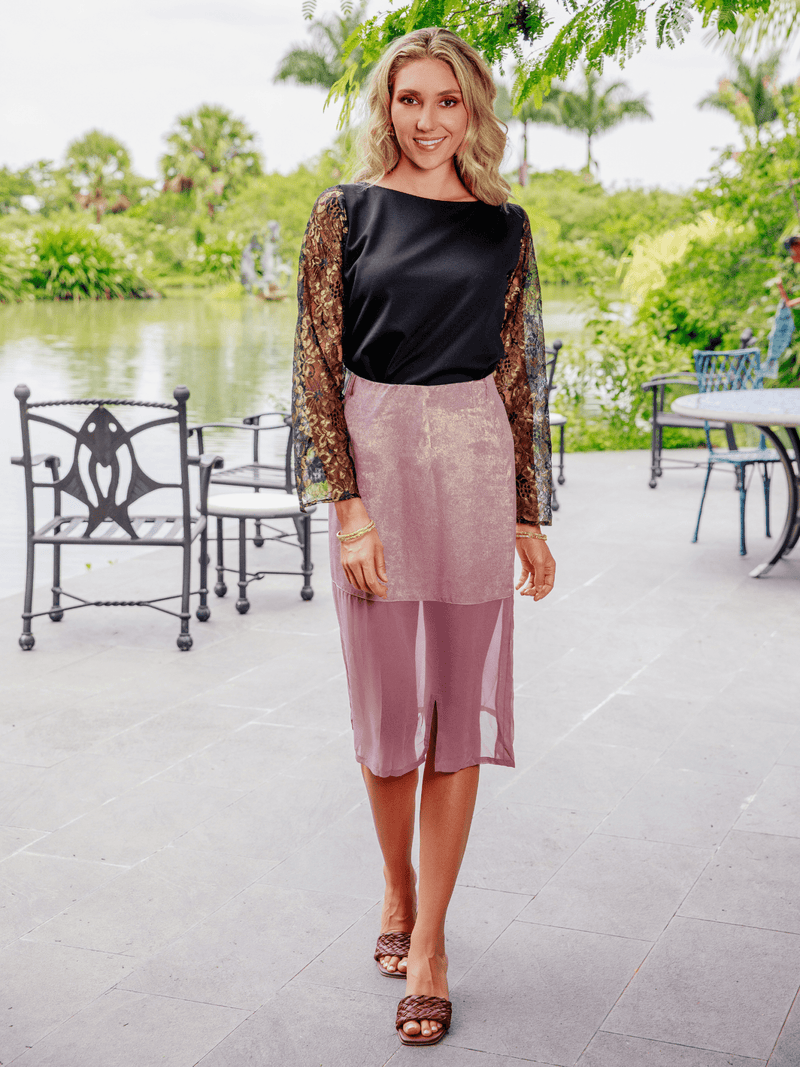 Purple La' Agra The Calia Skirt, a stylish women's bottoms piece with a fitted design, shown on a white background.
