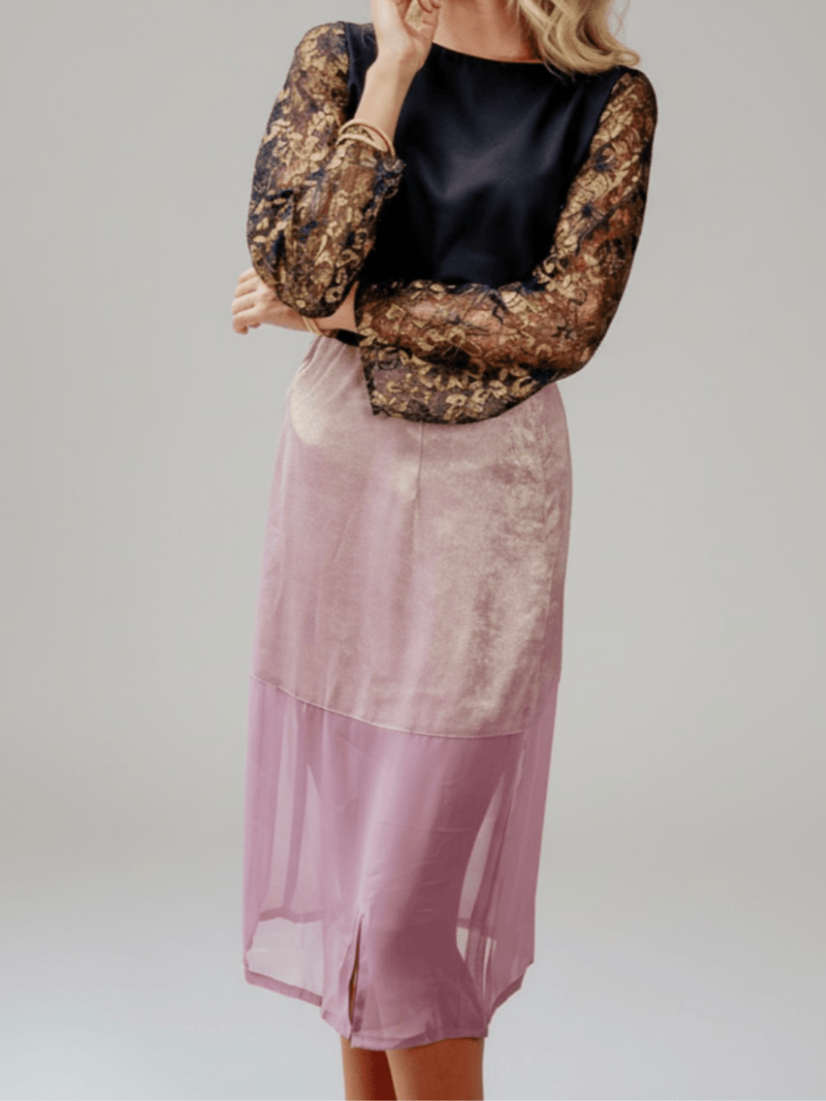 Purple La' Agra The Calia Skirt, casual bottoms, shown on a model, with a fitted waist and flowing fabric.