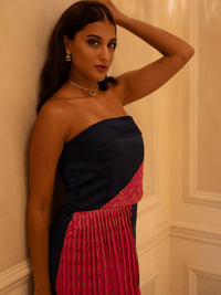 Navy La' Agra The Rani Dress with light pink floral print, stylish sleeveless dress with a flowy silhouette.