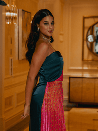 Navy La' Agra The Rani Dress with light pink floral print, sleeveless design, and elegant fit, perfect for casual or semi-formal wear.