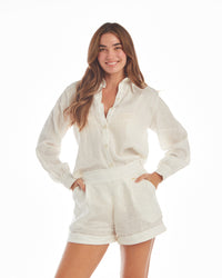 White floral blouse by LA'AVANA featuring a lightweight fabric and elegant design, perfect for casual or dressy occasions.