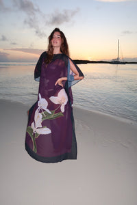 Magenta Blossom Kimono dress by LA'AVANA featuring flowing fabric and floral pattern, shown on a hanger.