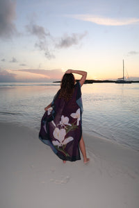 Magenta Blossom Kimono dress by LA'AVANA featuring floral pattern and flowing fabric, displayed on a hanger against a neutral background.