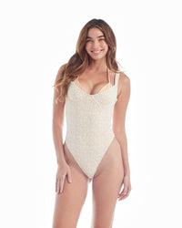 Yellow coral LA'AVANA one-piece swimsuit with a stylish duo design, featuring a flattering fit and vibrant color.
