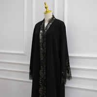 Lace-Panel Flared-Sleeve Open Abaya with Pockets(MOA332)