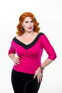 LadySplendorClothing midcentury V-neck blouse in pink and black stripe, featuring a stylish and fitted design.