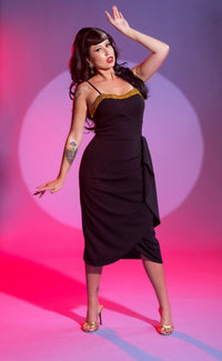 Black shimmering sarong dress with gold sequins by LadySplendorClothing, featuring a stylish and elegant design.