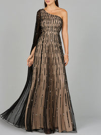 Black Lara New York one-shoulder A-line gown, elegant dress with a flowing silhouette and stylish neckline.