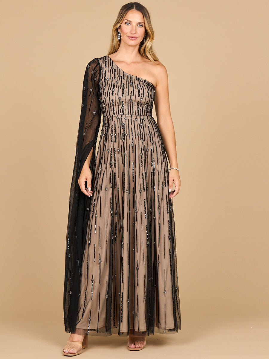 Black Lara New York one-shoulder A-line gown, elegant dress with a fitted bodice and flowing skirt for formal occasions.