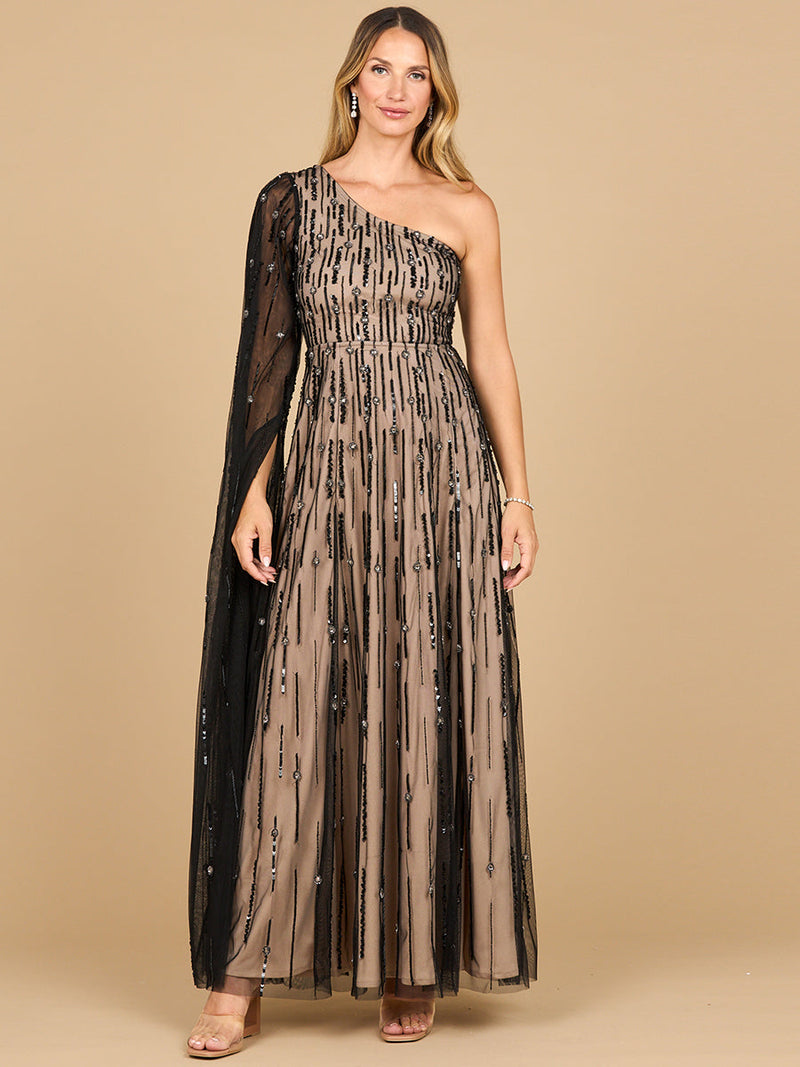 Black Lara New York one-shoulder A-line gown, elegant dress with a fitted bodice and flowing skirt for formal occasions.