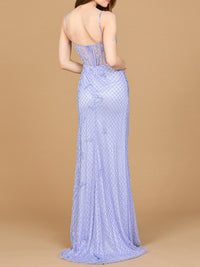 Blue Iris beaded corset prom gown with a slit by Lara New York, featuring intricate beadwork and elegant flowing fabric.