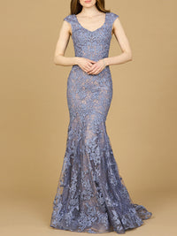 Blush sleeveless mermaid lace embroidered gown by Lara New York, featuring intricate embroidery and a fitted silhouette.