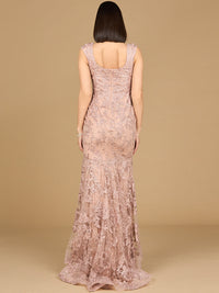 Blush sleeveless mermaid lace embroidered gown by Lara New York, featuring intricate lace details and a fitted silhouette.
