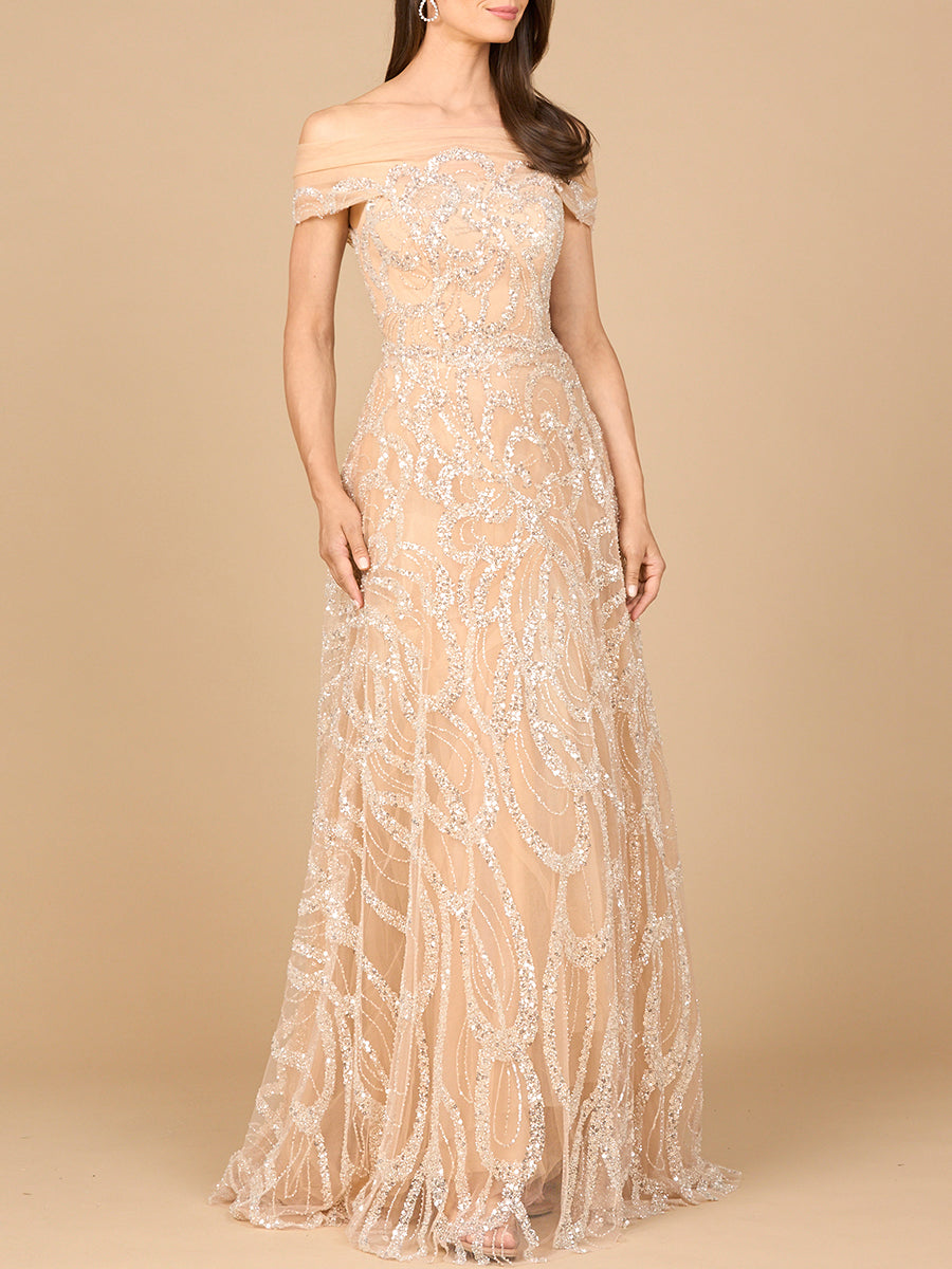 Elegant champagne off-shoulder A-line gown by Lara New York, flowing dress with a fitted bodice and soft fabric.