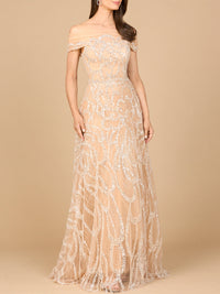Elegant champagne off-shoulder A-line gown by Lara New York, flowing dress with a fitted bodice and soft fabric.