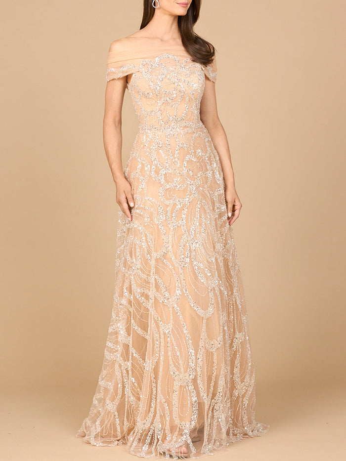 Elegant champagne off-shoulder A-line gown by Lara New York, flowing dress with a fitted bodice and soft fabric.