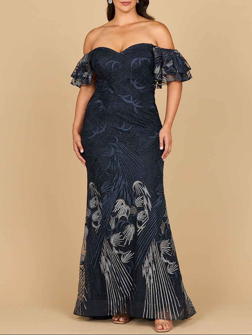 Off shoulder mermaid lace gown by Lara New York in Heather Ombre, featuring elegant lace details and a fitted silhouette.