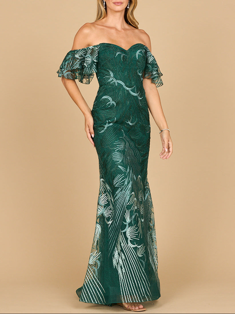Off shoulder mermaid lace gown by Lara New York, Heather Ombre dress with elegant fitted silhouette and intricate lace details.