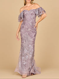 Off shoulder mermaid lace gown by Lara New York, Heather Ombre design with elegant fitted silhouette and intricate lace details.