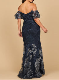 Off-shoulder mermaid lace gown by Lara New York, Heather Ombre style, elegant evening dress with intricate lace details.