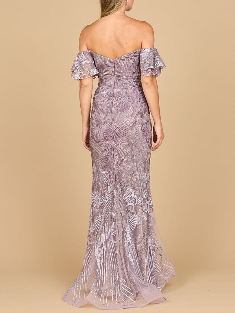 Heather ombre off-shoulder mermaid lace gown by Lara New York, elegant dress with intricate lace details and fitted silhouette.