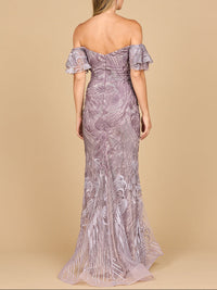 Heather ombre off-shoulder mermaid lace gown by Lara New York, elegant dress with intricate lace details and fitted silhouette.
