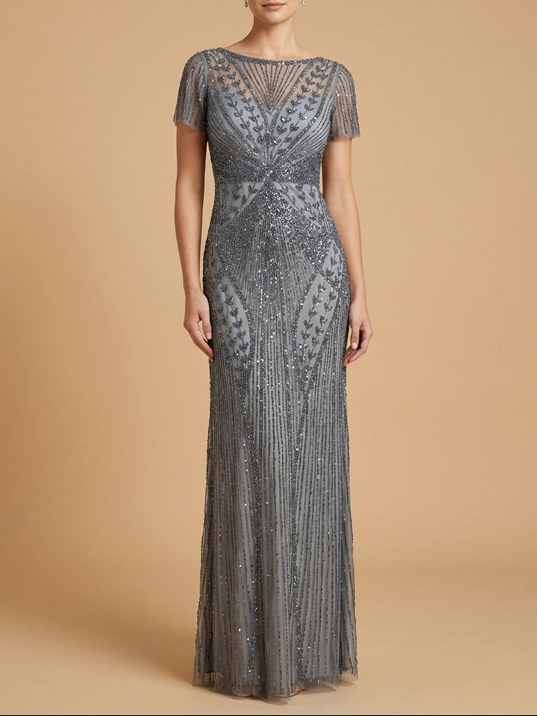 Lara New York Beaded Flutter Sleeve Gown in mid-grey, elegant dress with intricate beading and flowing flutter sleeves.