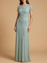 Mid-grey Lara New York Beaded Flutter Sleeve Gown with elegant flowing design and intricate bead detailing.