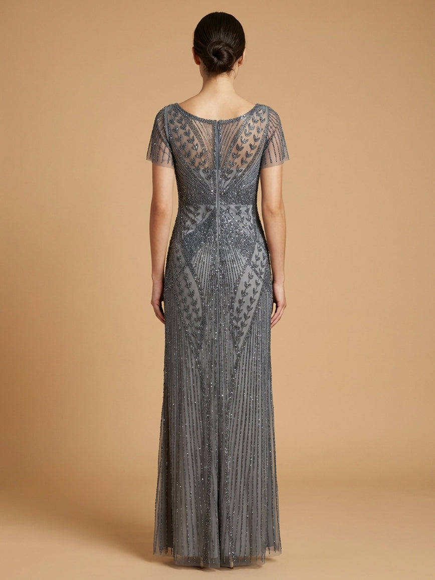 Mid-grey Lara New York Beaded Flutter Sleeve Gown with elegant draping and intricate bead details, perfect for formal occasions.